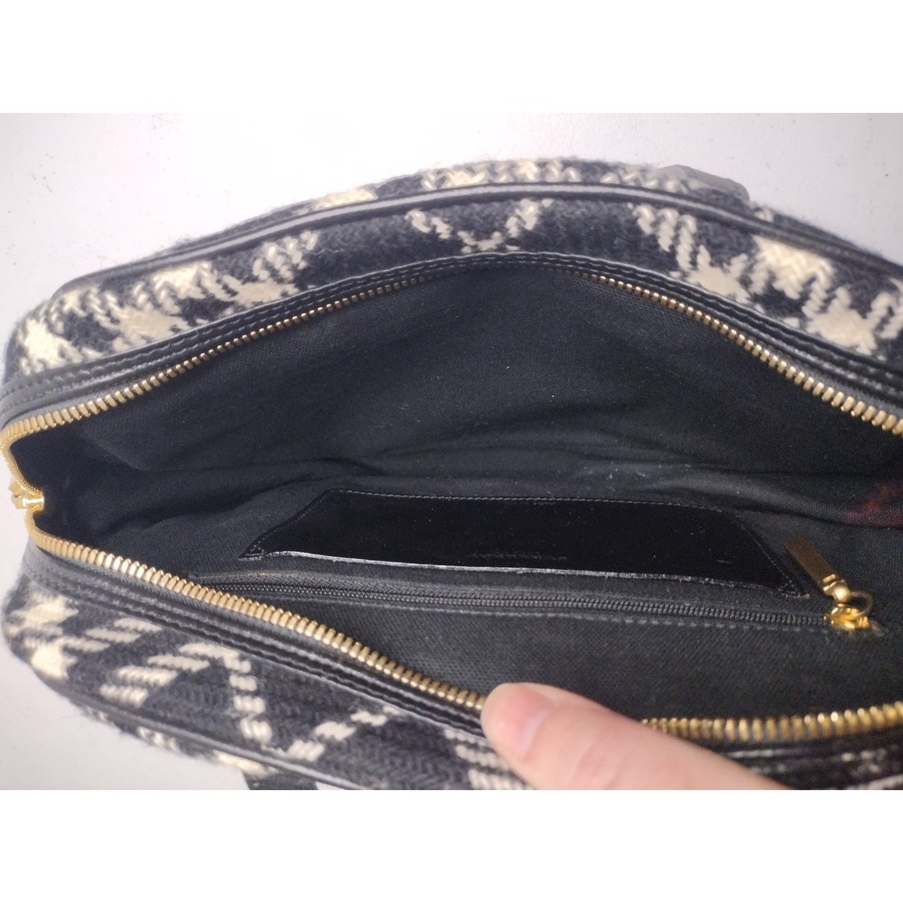 Burberry London Black White‎ Diagonal Plaid Wool Leather Satchel Handbag Italy - Picture 7 of 7